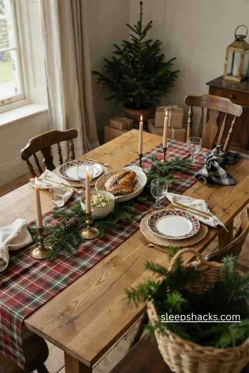 Christmas tartan plate settings with red and green plaid accents and cozy cottage table decor