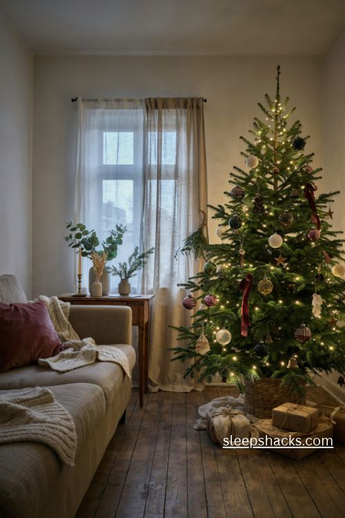 Christmas tree colors with warm vintage ornaments and cozy december living room decor