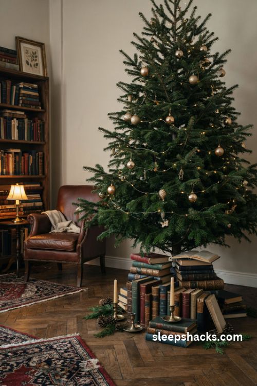 Christmas tree decorated with stacked vintage books in forest green burgundy navy and brown covers