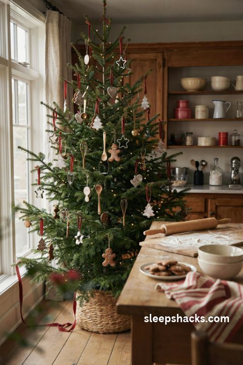 Christmas tree decorated with vintage cookie cutters and gingerbread ornaments in a cozy farmhouse kitchen