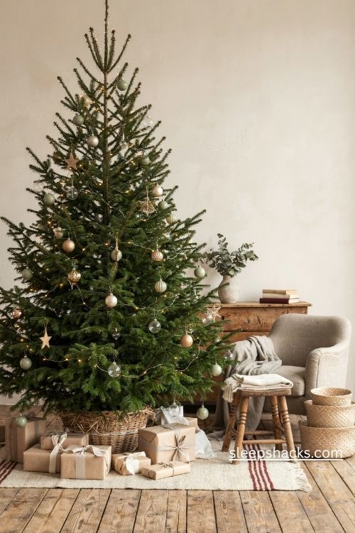Christmas tree display ideas with a woven basket base, neutral wrapped gifts, and a cozy cottage living room