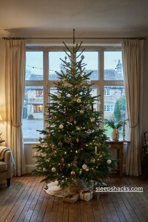 Christmas tree facing the street through a front window with warm white lights and charming cottage decor