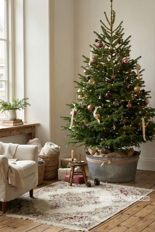 Christmas tree in a galvanized tub with burlap trim, rustic farmhouse decor, and natural wrapped gifts