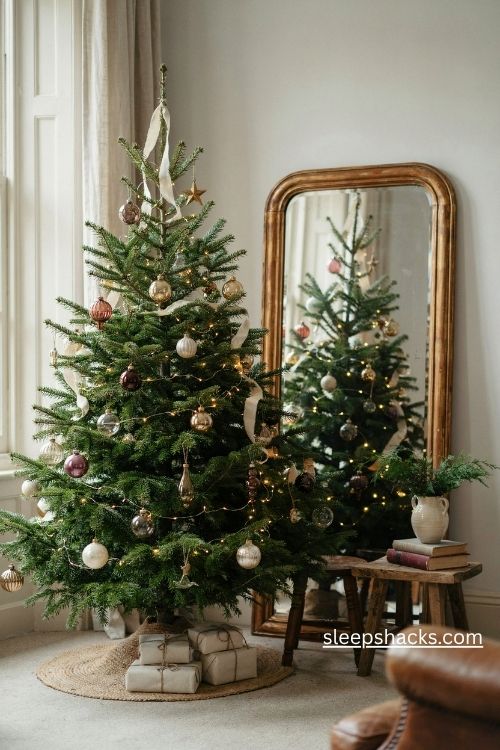 Christmas tree in front of a large vintage mirror with glowing fairy lights and cozy farmhouse decor