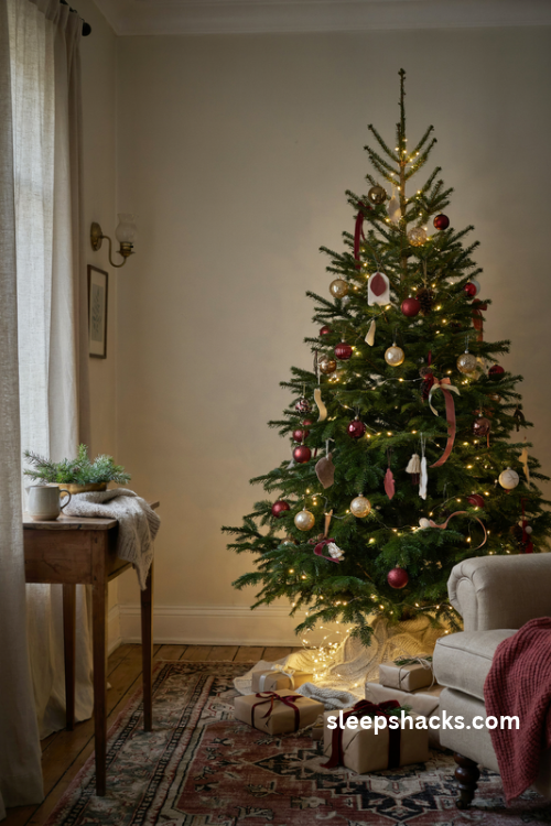 Christmas tree photo backdrop with warm white lights cozy living room and wrapped presents