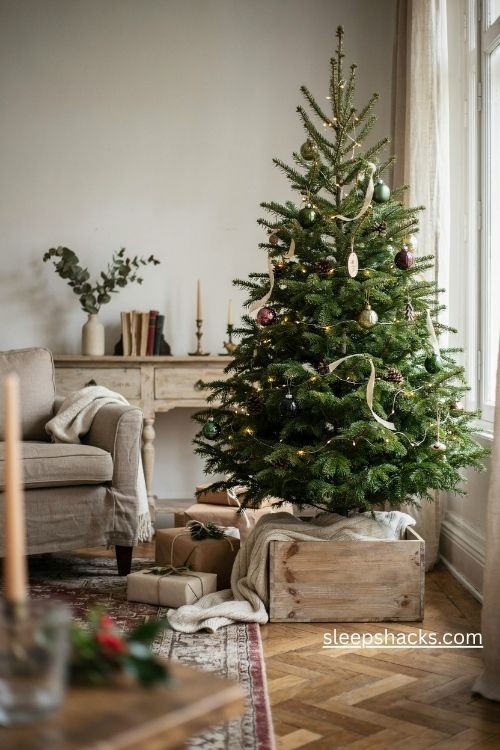 Christmas tree raised on a rustic wooden crate base with a cozy cream blanket and farmhouse decor