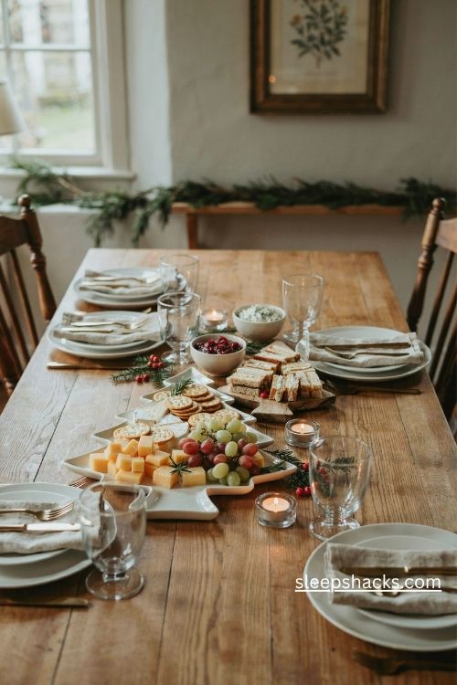 Christmas tree shaped serving platter with cheese crackers grapes and festive holiday table decor