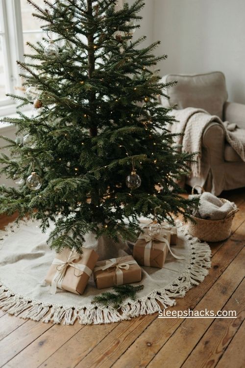 Christmas tree skirt with a handmade cream macrame diamond knot border and natural linen fabric
