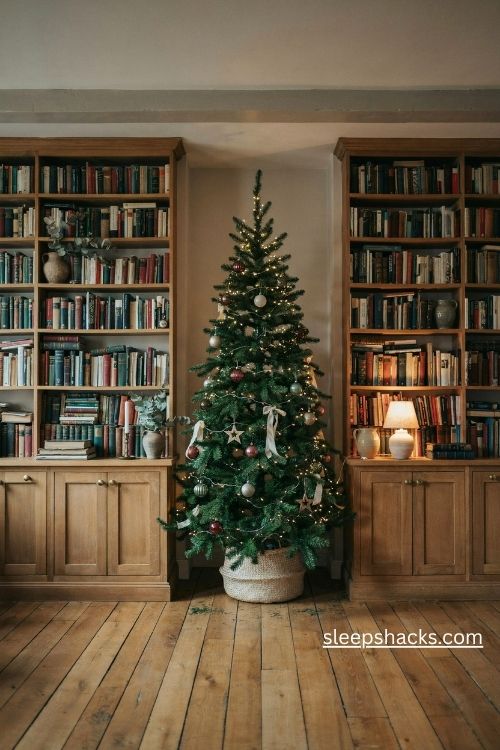 Christmas tree tucked into a built in bookshelf alcove with warm fairy lights, vintage books, and cozy cottage decor