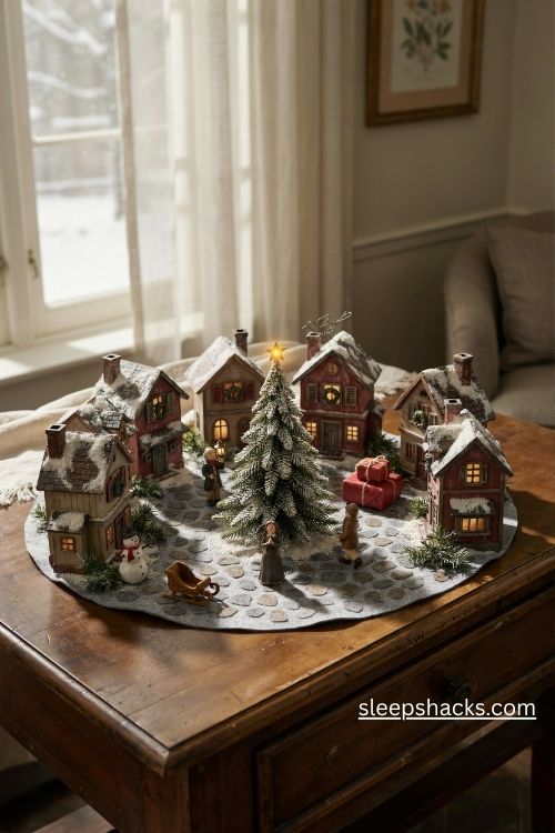Christmas tree village display with a miniature pine town square and snowy cottage houses