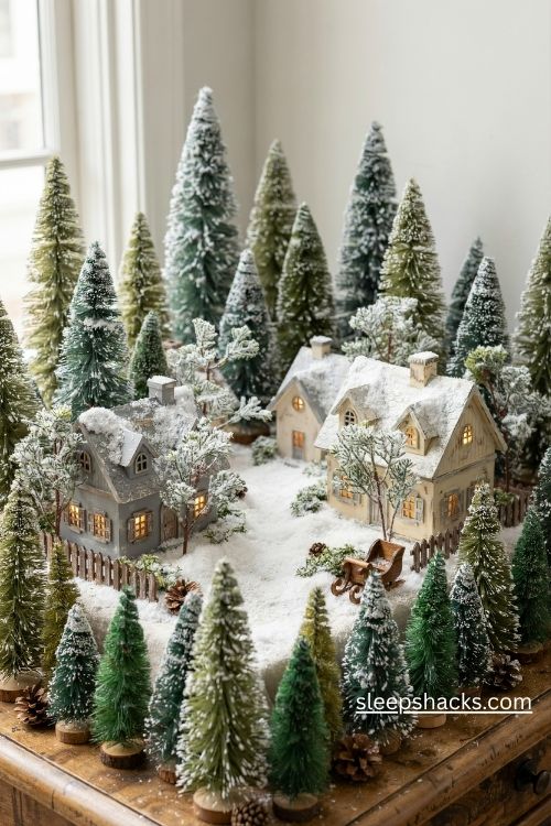Christmas tree village display with frosted bottle brush trees between snowy miniature houses