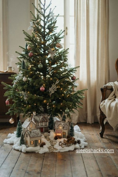 Christmas tree village display with glowing miniature houses and snowy bottle brush trees