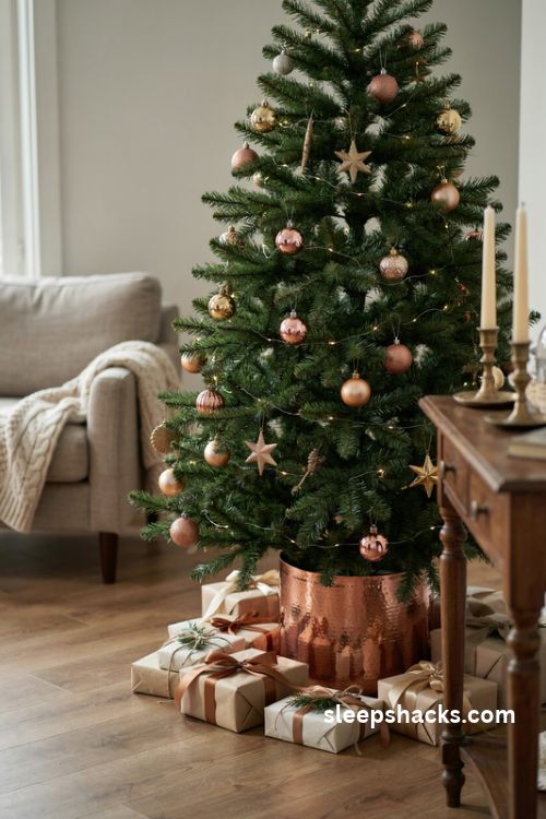 Christmas tree with a hammered copper metallic collar and coordinated wrapped presents