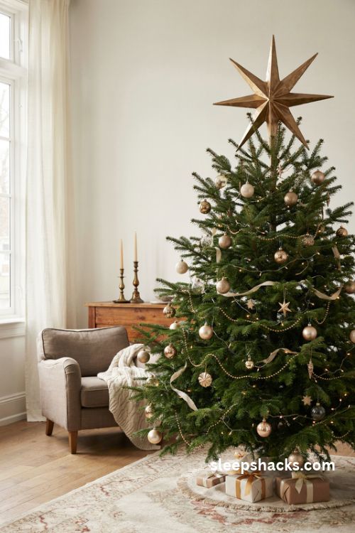 Christmas tree with a statement brushed gold metal star topper and elegant metallic ornaments