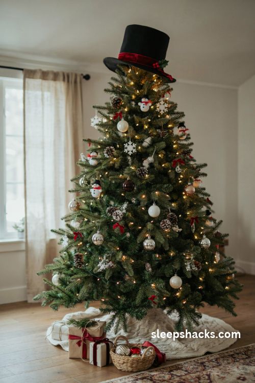 Christmas tree with black snowman top hat topper red velvet ribbon and holly berries