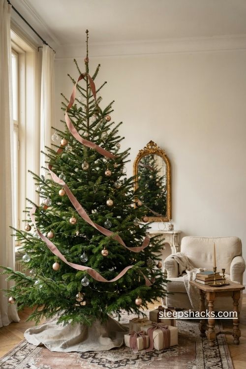 Christmas tree with blush velvet ribbon spiral and simple glass ornaments