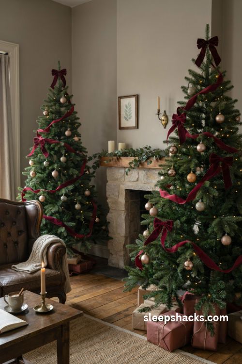 Christmas tree with cascading maroon velvet ribbon and burgundy bows