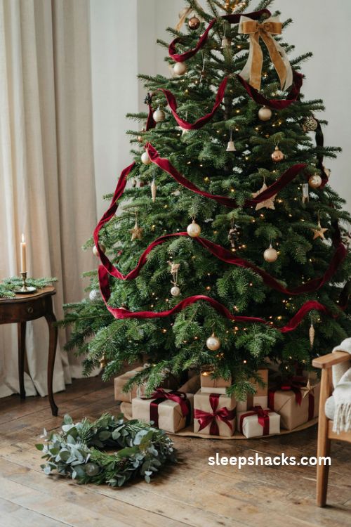 Christmas tree with cascading velvet ribbon and elegant gold ornaments