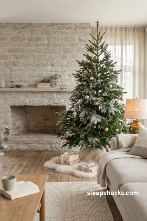 Christmas tree with ivory faux fur collar neutral wrapped presents and cozy elegant holiday decor