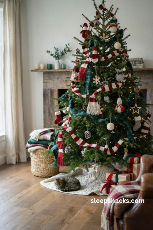 Christmas tree with knitted scarf garland red white stripes green plaid and snowman ornaments