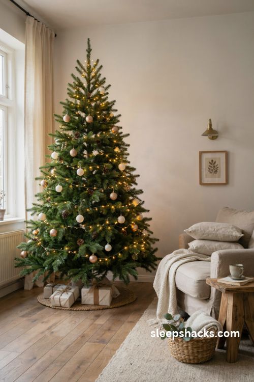 Christmas tree with layered warm white lights glowing deep inside the branches