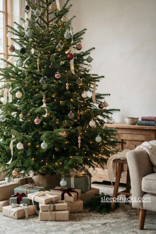 Christmas tree with layered wrapped gifts in kraft paper, cream ribbons, and a cozy rustic tree skirt