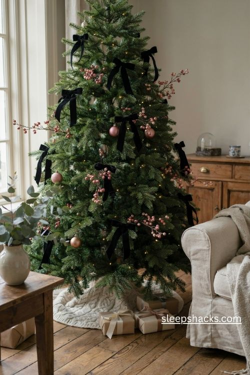 Christmas tree with oversized black velvet bows and soft pink berry stems