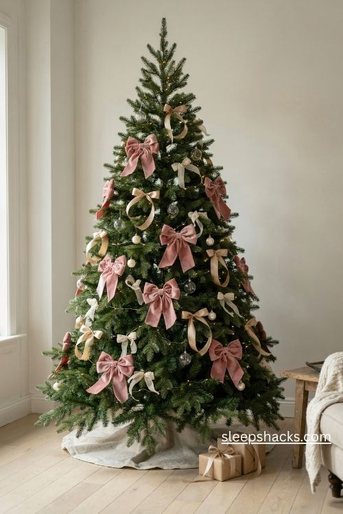 Christmas tree with oversized blush velvet champagne satin and white ribbon bows