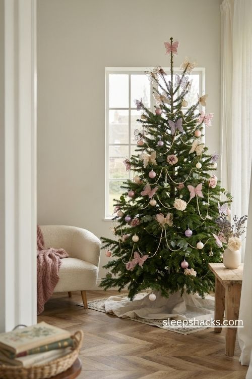 Christmas tree with pink lavender and gold butterfly ornaments pastel flowers and pearl garlands
