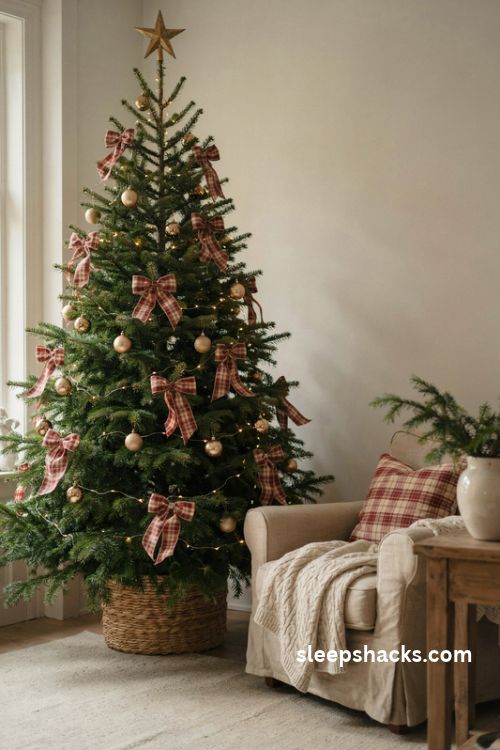 Christmas tree with plaid ribbon bows woven basket collar and cozy farmhouse living room decor