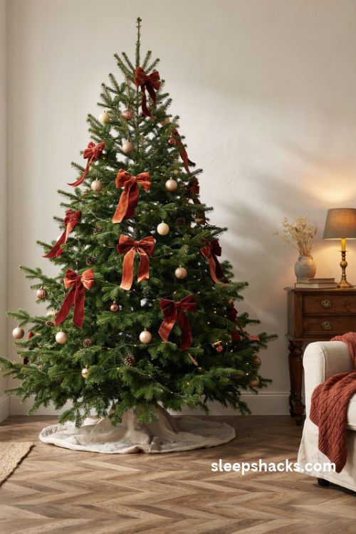 Christmas tree with rust and terracotta velvet bows and flowing burnt orange ribbon tails