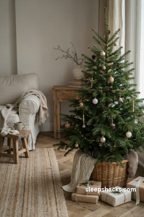 Christmas tree with woven basket base chunky knit blanket and neutral wrapped gifts