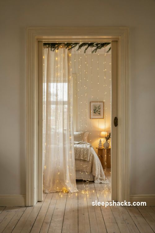 Christmas twinkle light curtain arch with sheer ivory drapes and warm white fairy lights