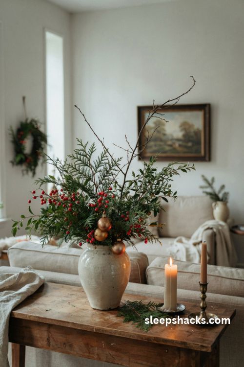 Christmas vase arrangement with evergreen branches red berries and candlelight