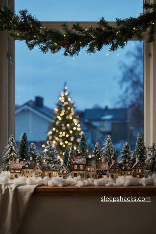 Christmas village on a window sill with glowing miniature houses and frosted bottle brush trees