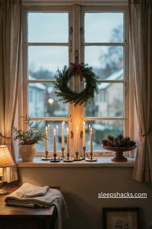 Christmas window decor with glowing flameless candles and a simple evergreen wreath with red ribbon