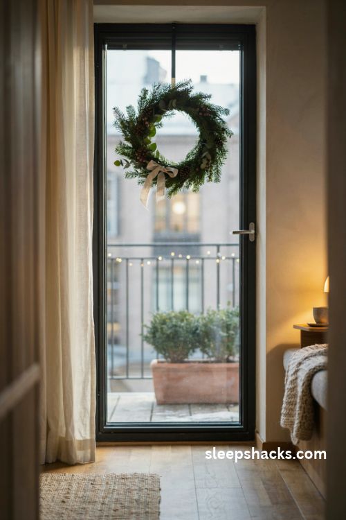 Christmas wreath on a glass balcony door with evergreen branches eucalyptus pinecones ivory ribbon and warm balcony fairy lights