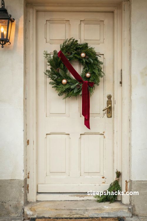 Christmas wreath sash with red velvet ribbon on a traditional wooden front door