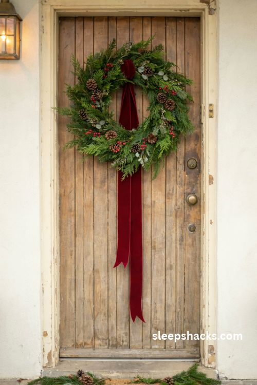 Christmas wreath with long cascading red velvet ribbon tails on a rustic wooden front door