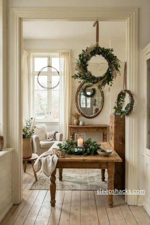 Christmas wreaths beyond the front door with eucalyptus greenery dried grasses and natural table centerpieces