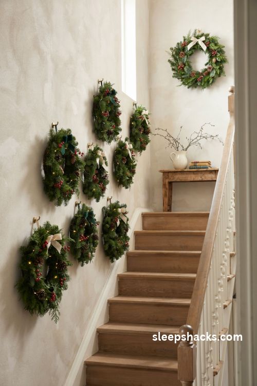 Christmas wreaths with cream ribbon and evergreen branches arranged diagonally along a French country staircase wall