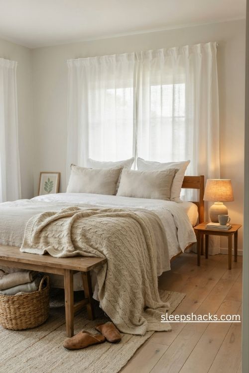 Chunky knit throw in ivory wool for a cozy grey and white bedroom