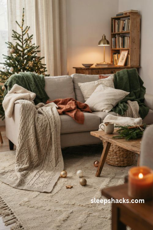 Chunky knit throws in oatmeal rust and forest green for a cozy christmas living room