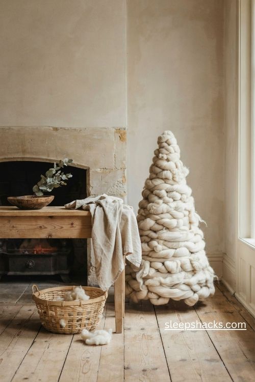 Chunky wool roving christmas tree in soft cream beside a rustic fireplace in a cozy scandinavian home
