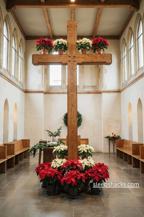 Church lobby cross christmas tree with red and white poinsettias on a rustic wooden frame