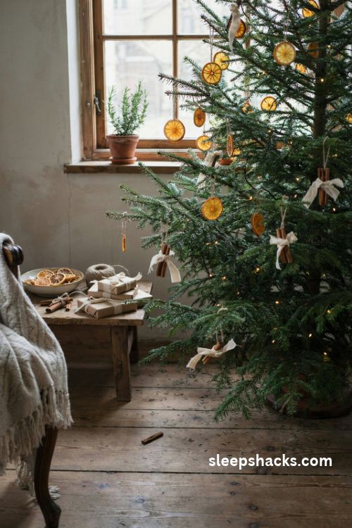 Cinnamon and dried orange slice christmas ornaments for a cozy rustic tree