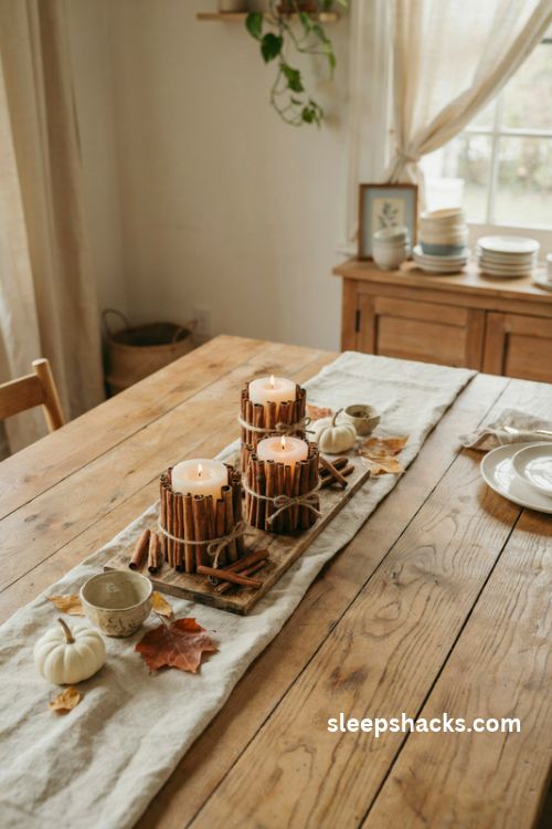 Cinnamon wrapped cream pillar candles on a rustic wooden tray for cozy Thanksgiving decor