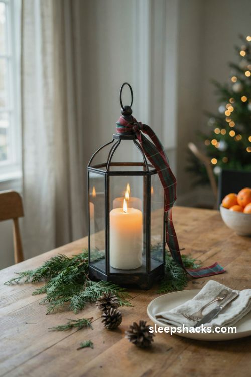 Classic black lantern Christmas centerpiece with a white pillar candle and plaid ribbon