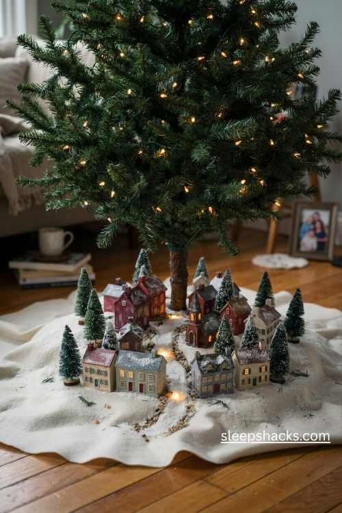 Classic christmas village beneath the tree branches with snowy hills and glowing miniature houses