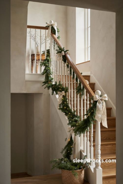Classic evergreen banister garland on a farmhouse staircase with lush pine branches cream bows and natural wood details